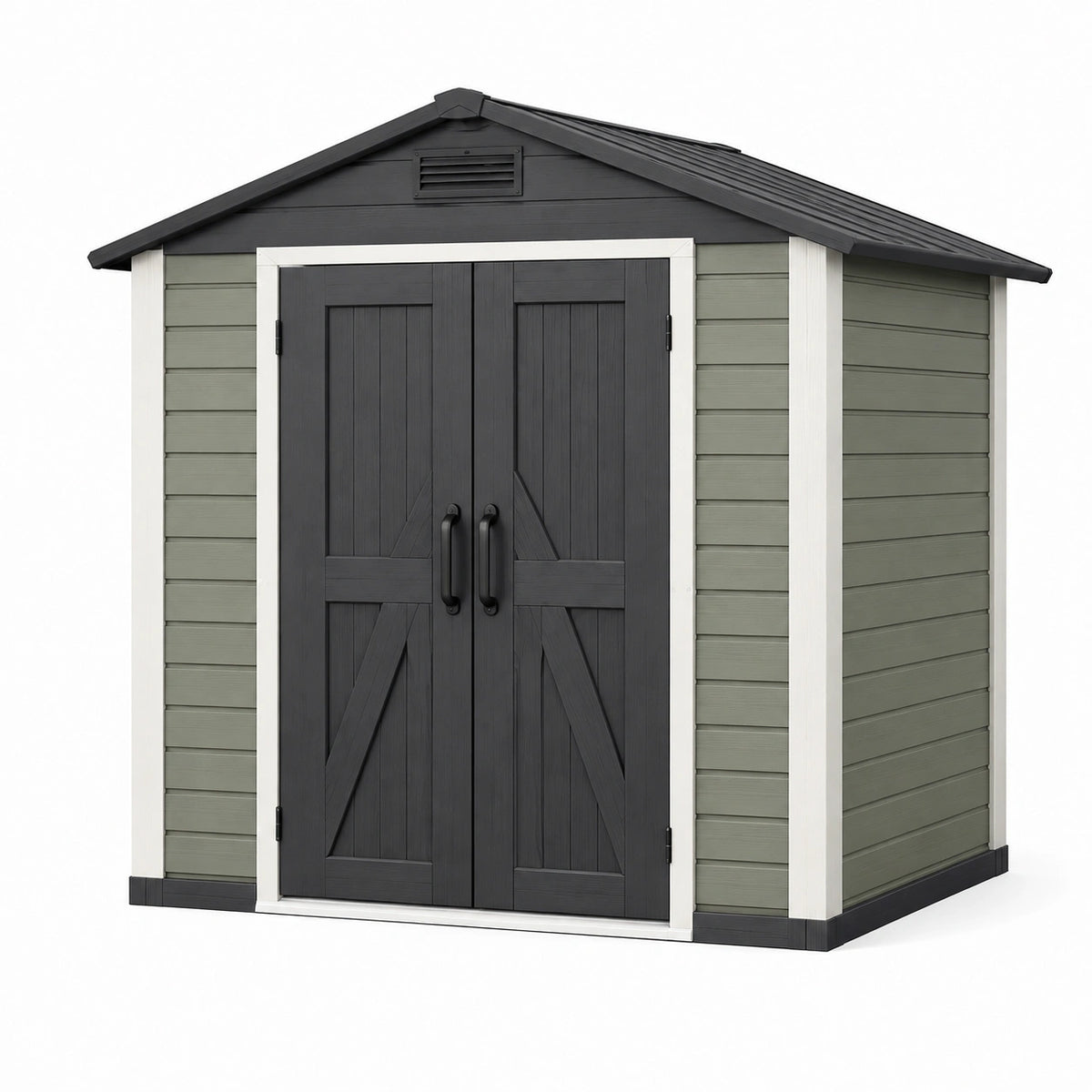 Abri de jardin 180 x 110 x 190 cm en résine vert gris avec portes doubles