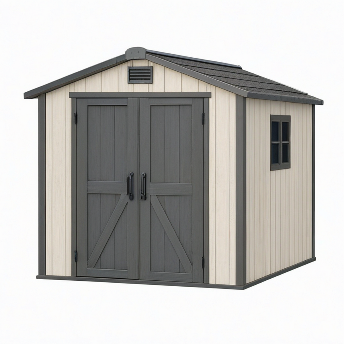 Abri de jardin 244 x 183 x 227 cm en plastique beige et anthracite avec double porte ventilée