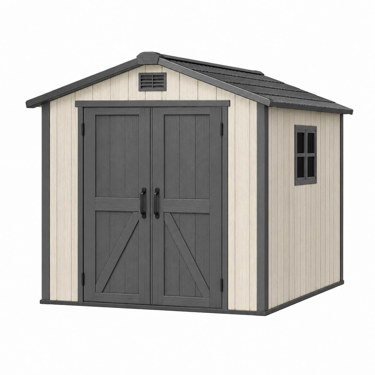Abri de jardin 244 x 183 x 227 cm en plastique beige et anthracite avec double porte ventilée
