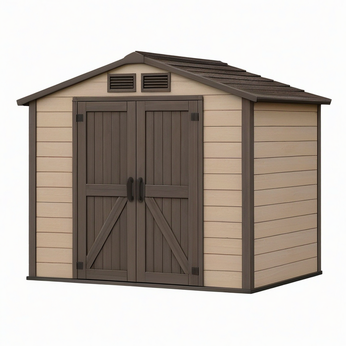 Abri de jardin 191 x 191 x 226 cm en résine beige et marron foncé à double porte ventilé