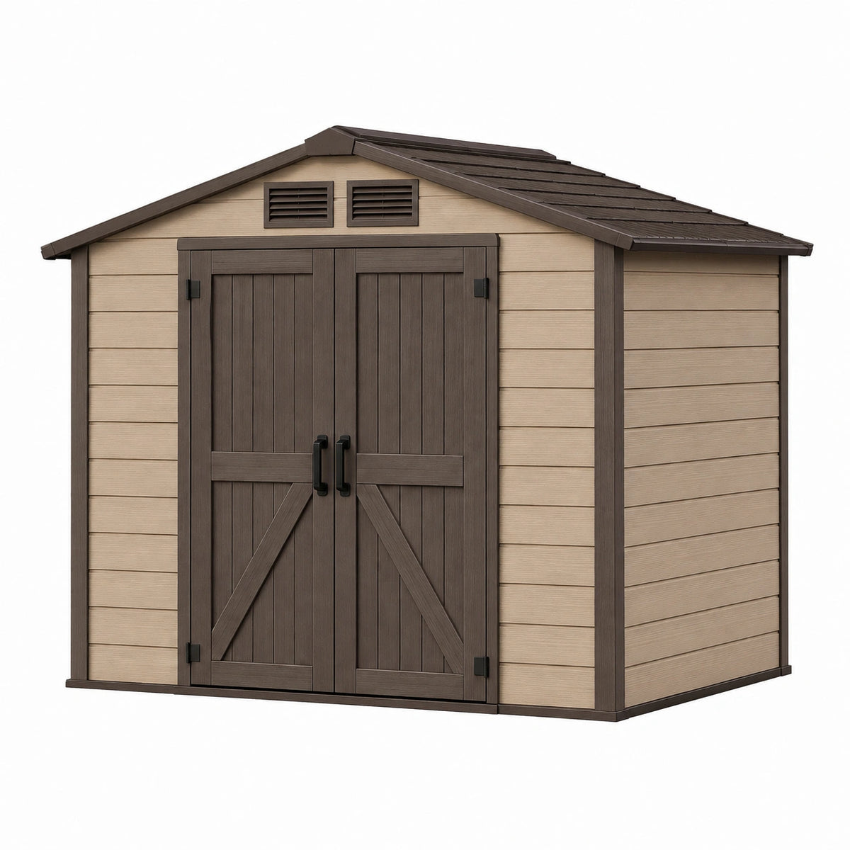 Abri de jardin 191 x 191 x 226 cm en résine beige et marron foncé à double porte ventilé