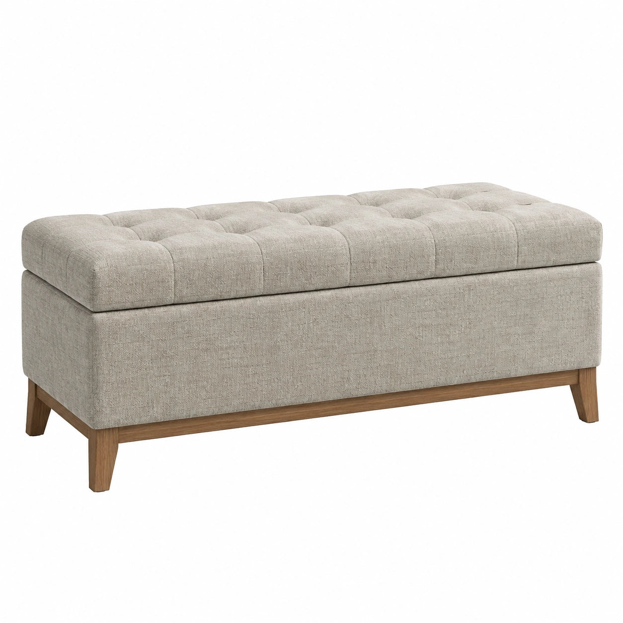 Banquette coffre 120 cm en tissu beige avec pieds en bois style capitonné