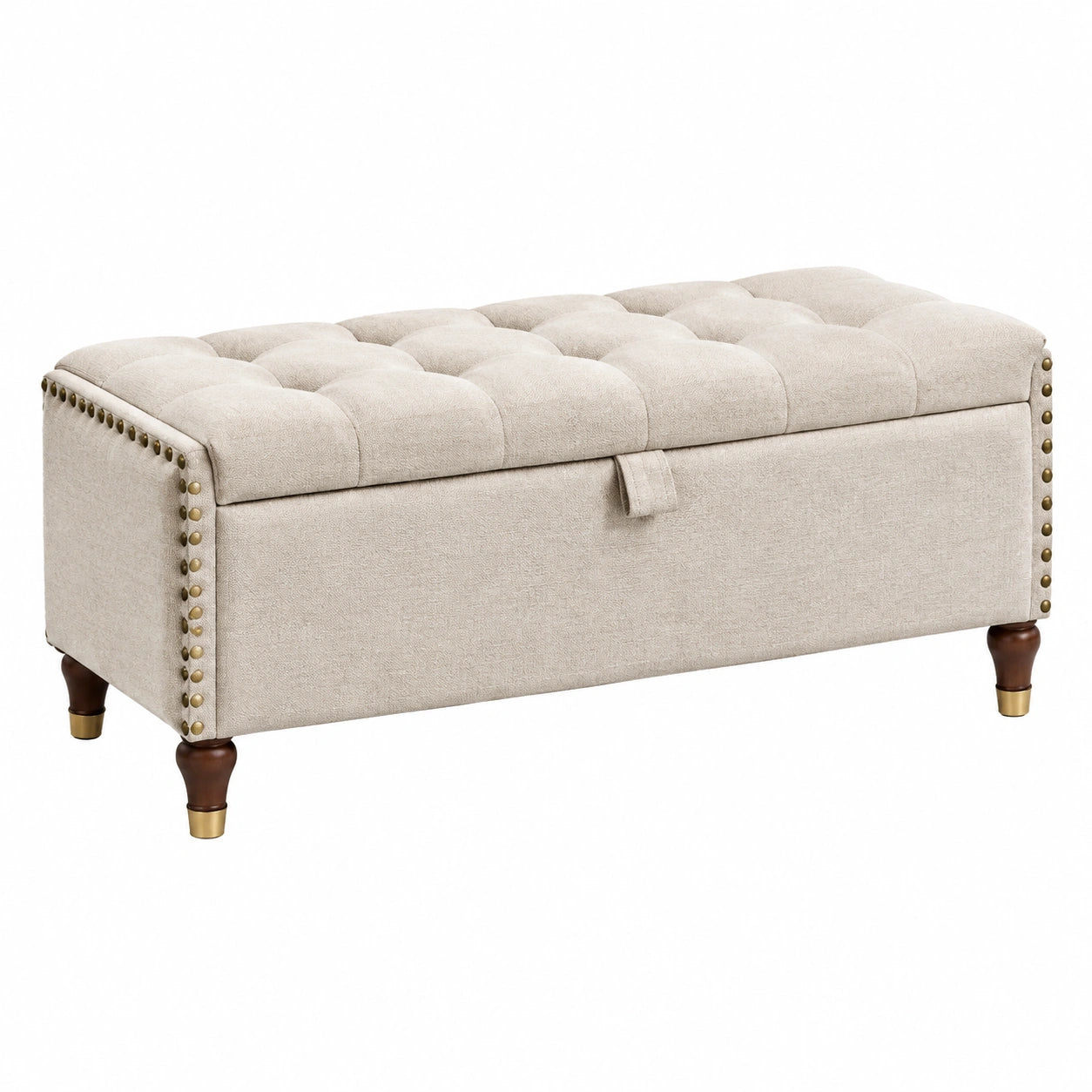 Banc coffre 120 cm en tissu beige capitonné avec rangement style classique