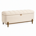 Banc coffre de rangement 120 x 45 x 48 cm en tissu bouclette écru avec pieds en bois