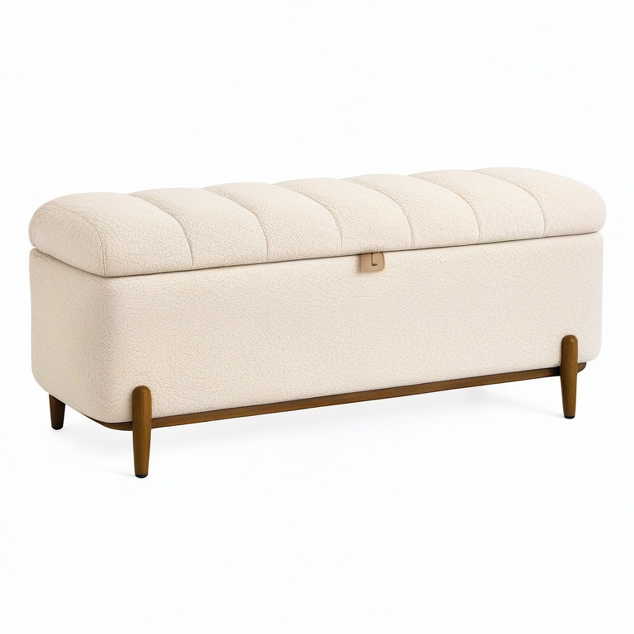 Banc coffre de rangement 120 x 45 x 48 cm en tissu bouclette écru avec pieds en bois
