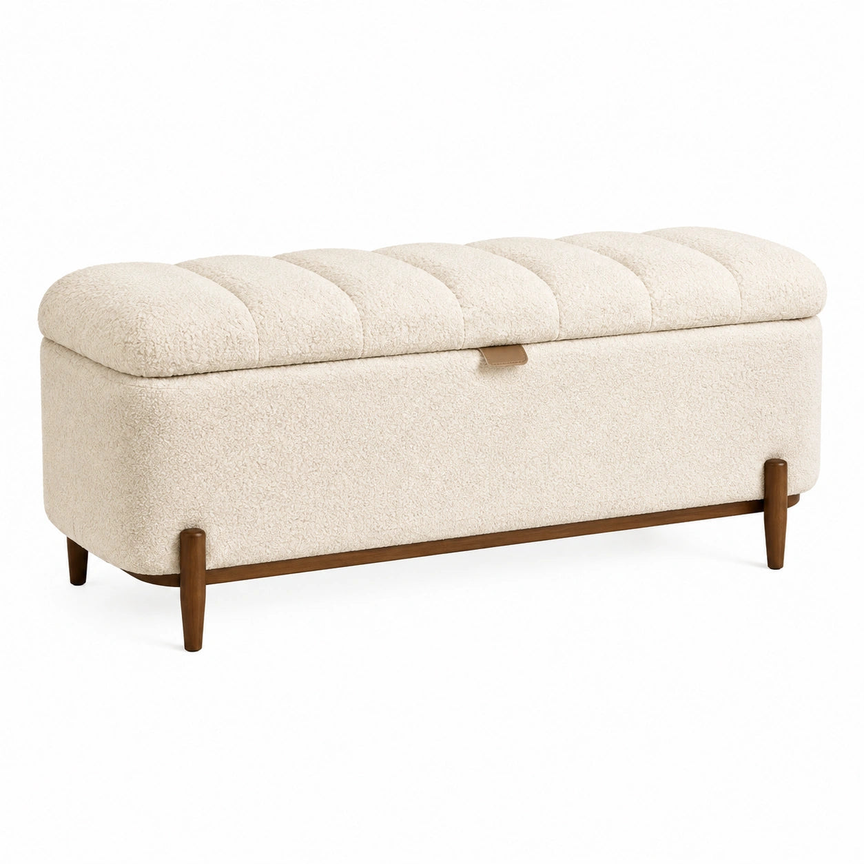Banc coffre de rangement 120 x 45 x 48 cm en tissu bouclette écru avec pieds en bois