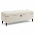 Banc coffre de rangement 110 cm en tissu bouclette crème avec pieds en bois