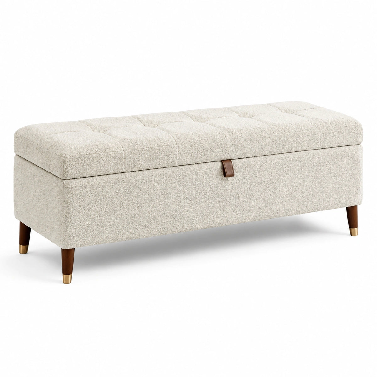 Banc coffre de rangement 110 cm en tissu bouclette crème avec pieds en bois