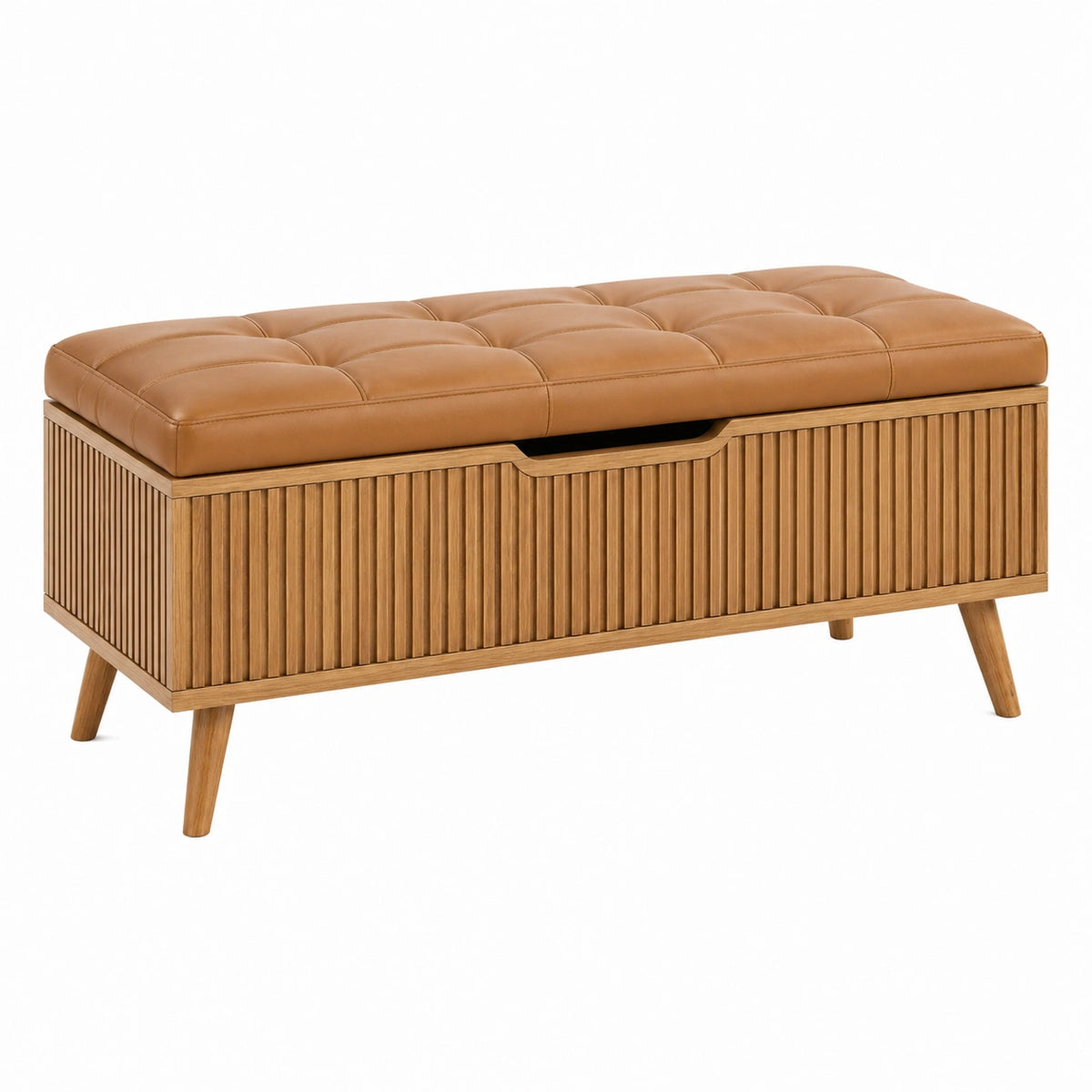 Banc coffre 120 x 45 x 50 cm en bois brun avec assise capitonnée camel style scandinave