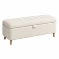 Banc coffre 120 x 45 x 48 cm en tissu crème avec pieds en bois - rangement capitonné contemporain
