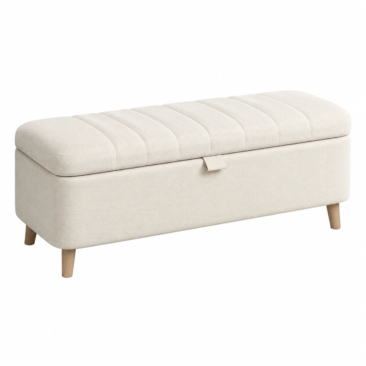 Banc coffre 120 x 45 x 48 cm en tissu crème avec pieds en bois - rangement capitonné contemporain