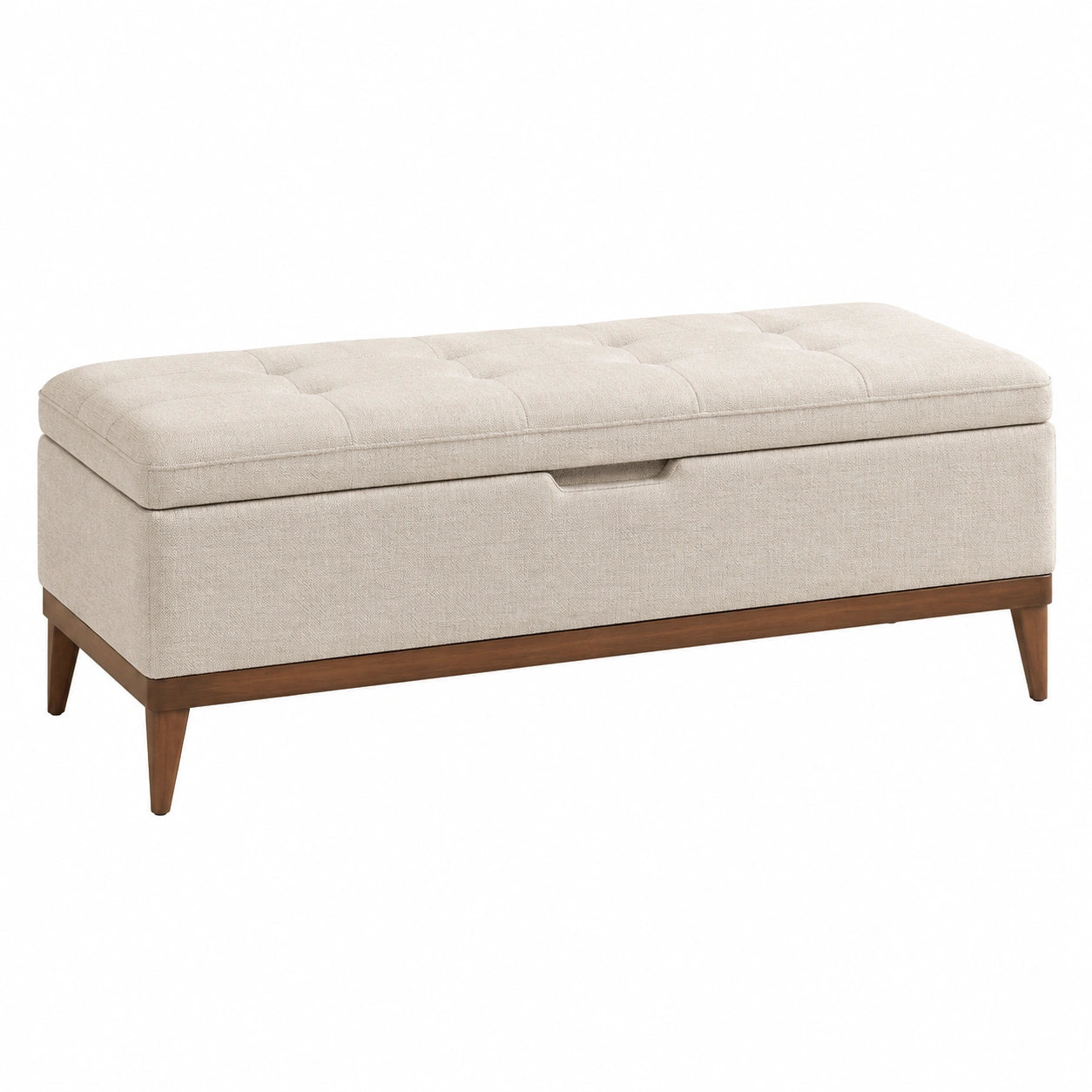 Banc de rangement 107 x 42 x 50 cm en tissu beige avec pieds en bois - style contemporain capitonné
