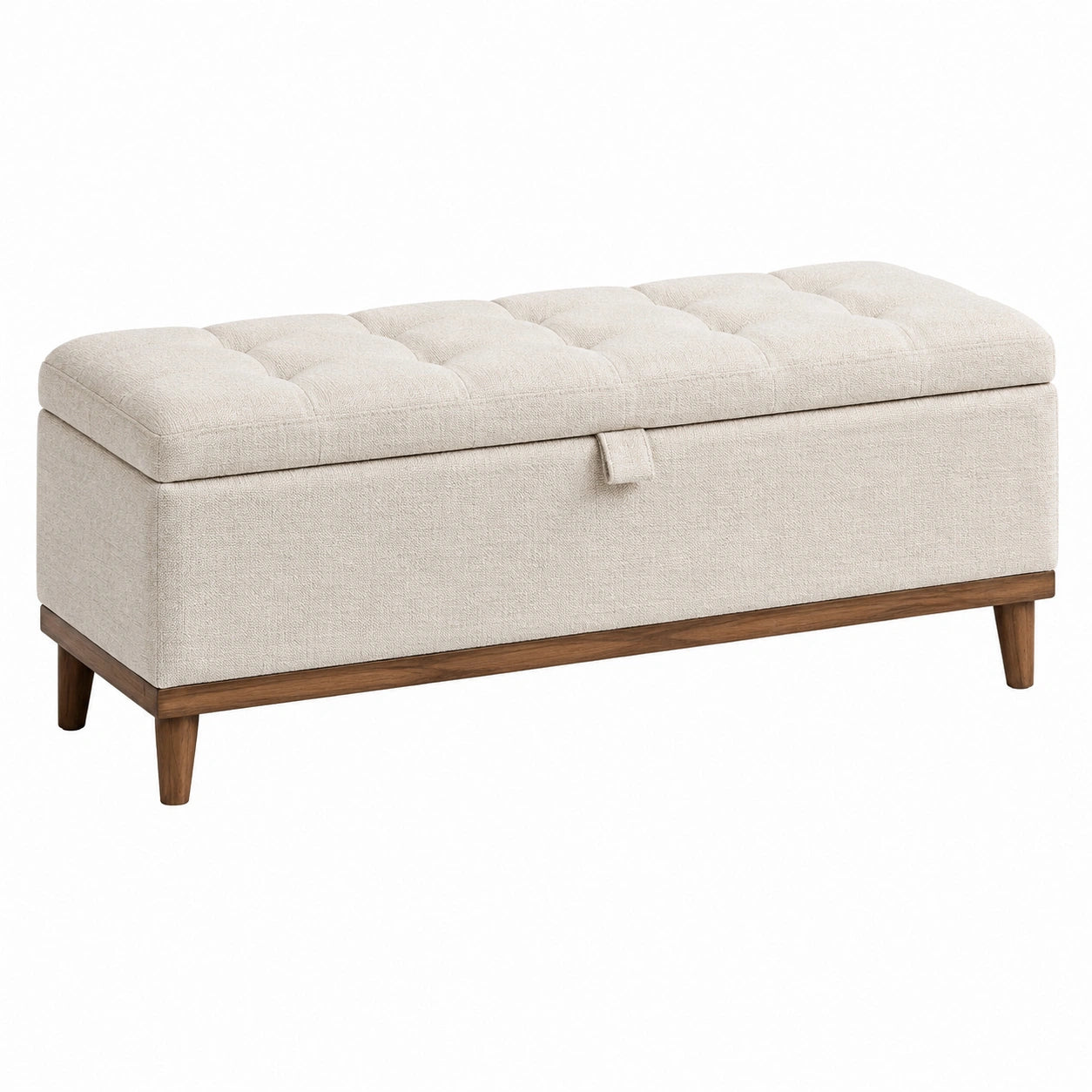 Banc coffre 120 cm en tissu beige avec pieds en bois - assise capitonnée de rangement