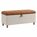 Banc de rangement 120 x 45 x 50 cm en tissu bouclette beige et similicuir marron style contemporain