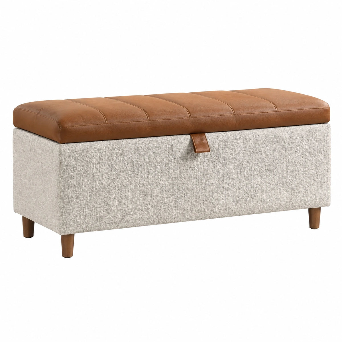 Banc de rangement 120 x 45 x 50 cm en tissu bouclette beige et similicuir marron style contemporain