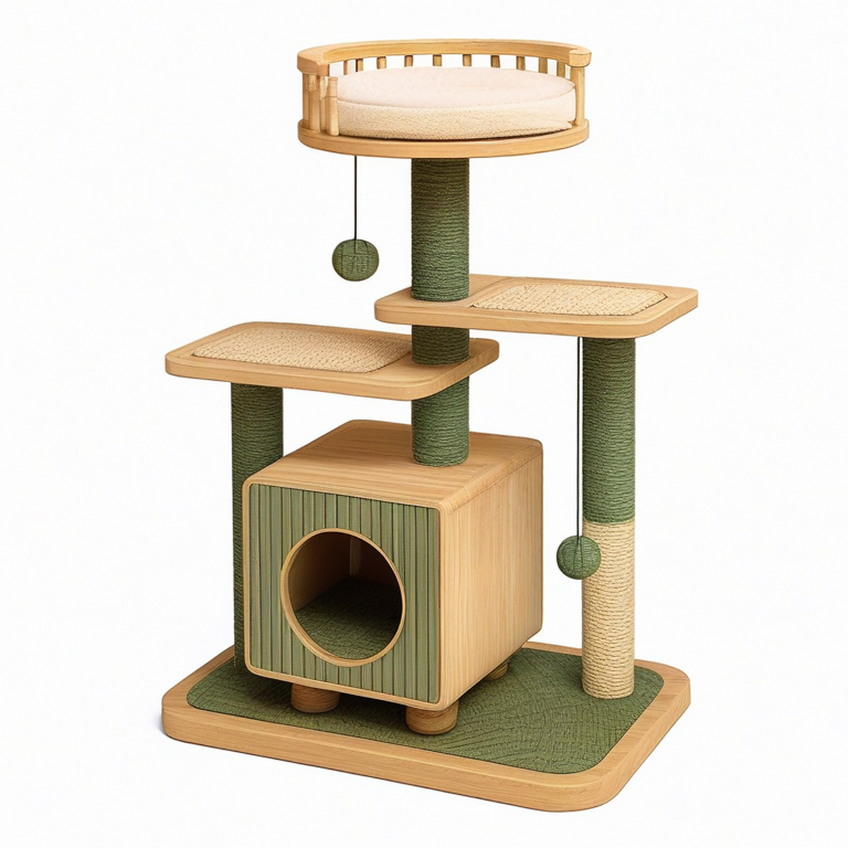 Arbre à chat 70 x 50 x 150 cm en bois beige vert avec griffoirs et niche