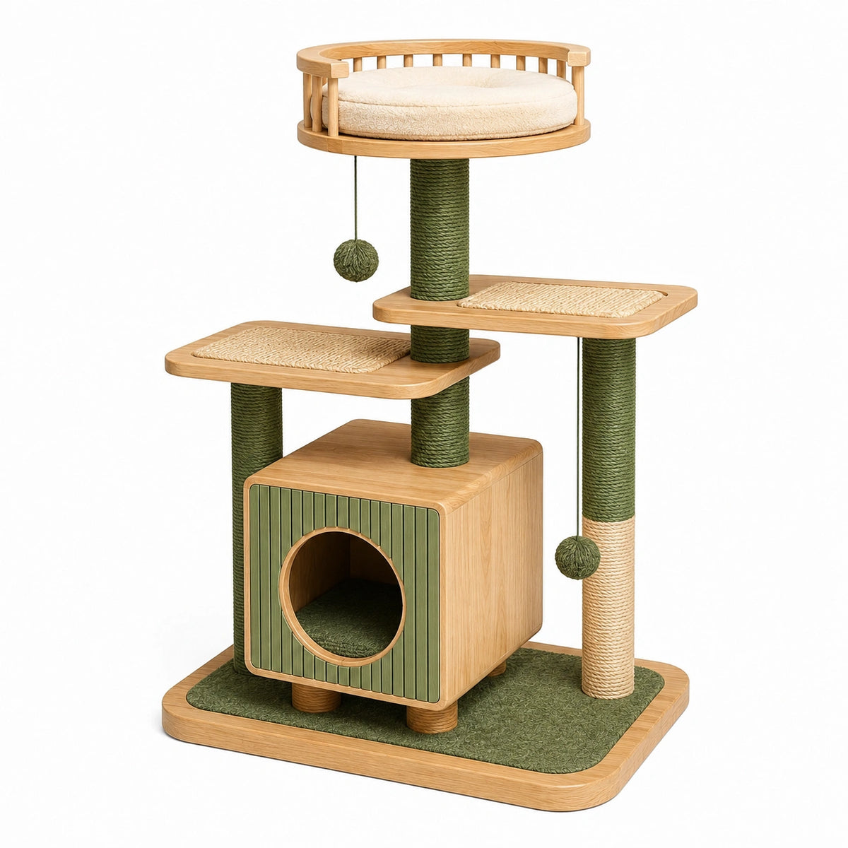Arbre à chat 70 x 50 x 150 cm en bois beige vert avec griffoirs et niche