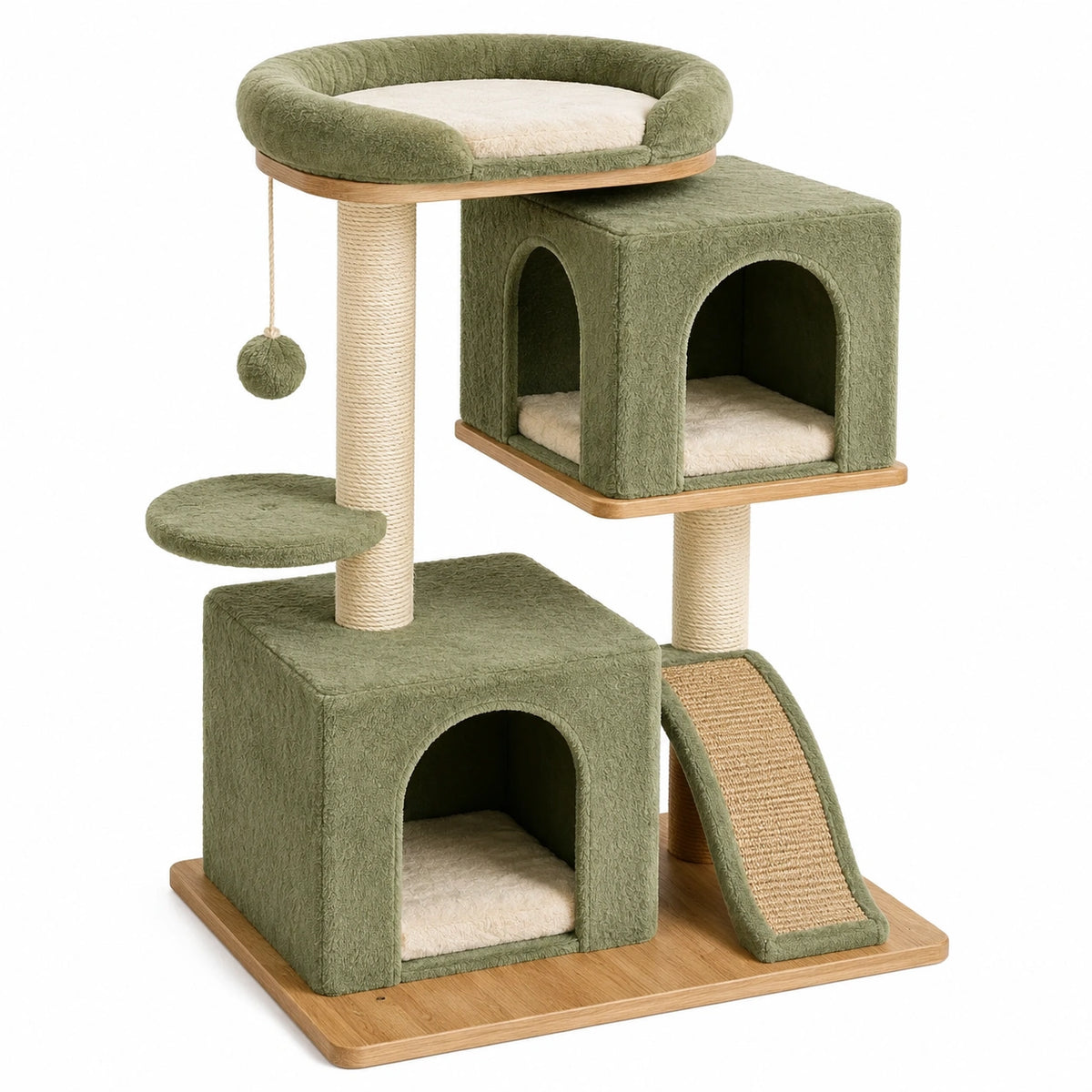Arbre à chat 60 x 50 x 120 cm en peluche vert avec niches griffoirs et plateformes