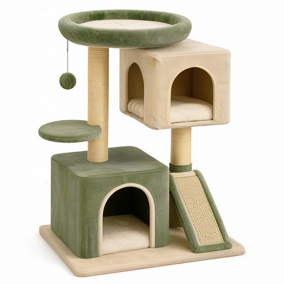 Arbre à chat 60 x 50 x 130 cm en peluche vert beige avec griffoirs et niches