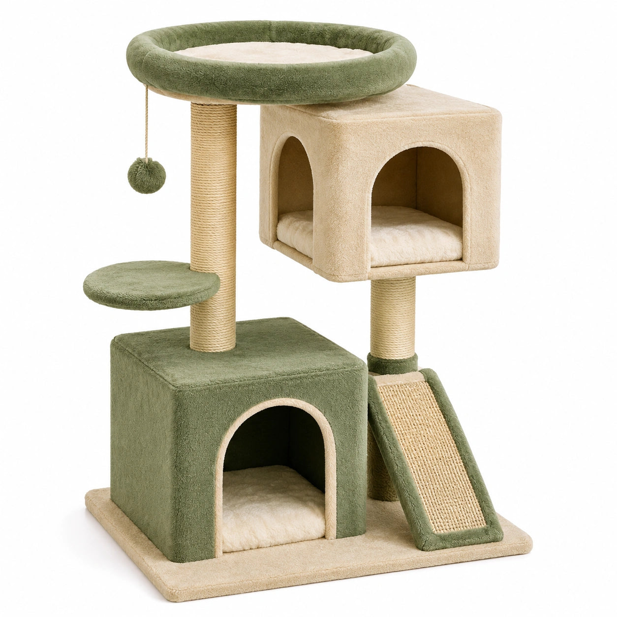 Arbre à chat 60 x 50 x 130 cm en peluche vert beige avec griffoirs et niches
