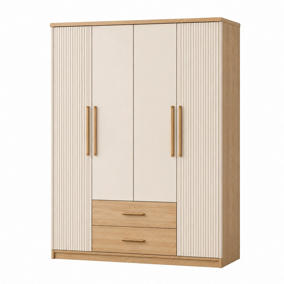 Armoire de rangement 160 x 55 x 200 cm en bois beige et chêne style contemporain avec 4 portes et 2 tiroirs