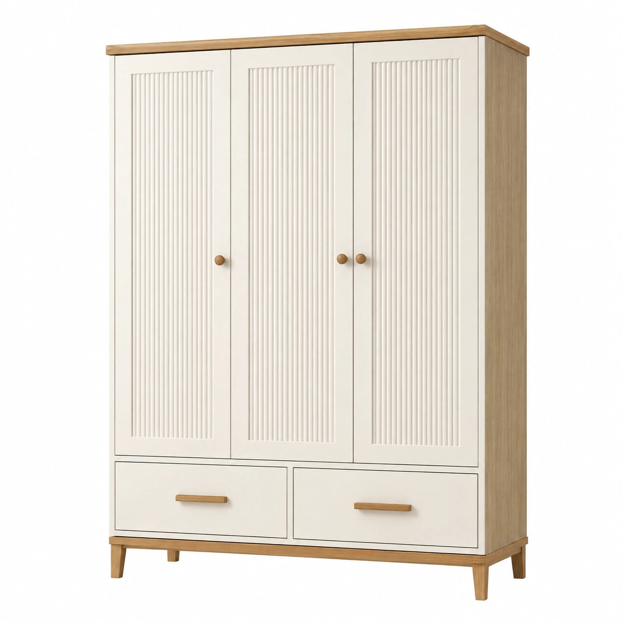 Armoire de rangement 120 x 55 x 190 cm en panneaux dérivés de bois blanc et chêne naturel à 3 portes et 2 tiroirs