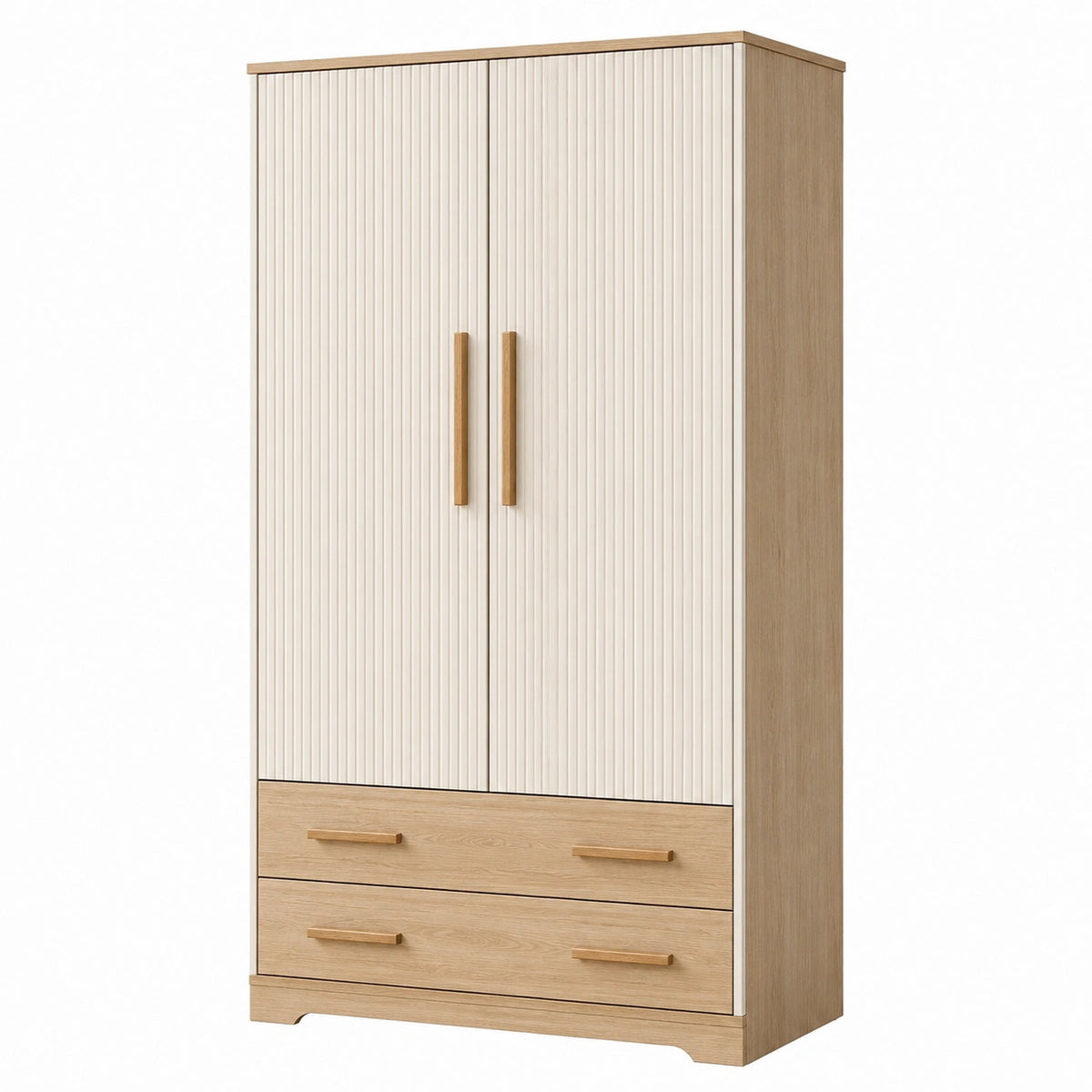 Armoire 100 x 55 x 200 cm en panneaux de bois beige et chêne avec 2 portes et 2 tiroirs style contemporain