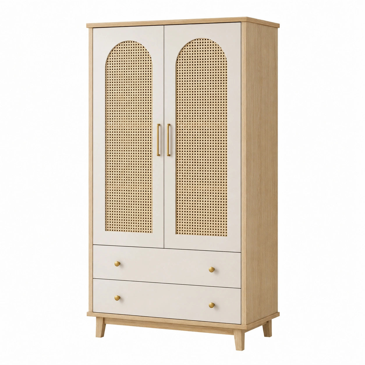 Armoire de rangement 90 x 50 x 180 cm en bois beige avec cannage - 2 portes 2 tiroirs style naturel