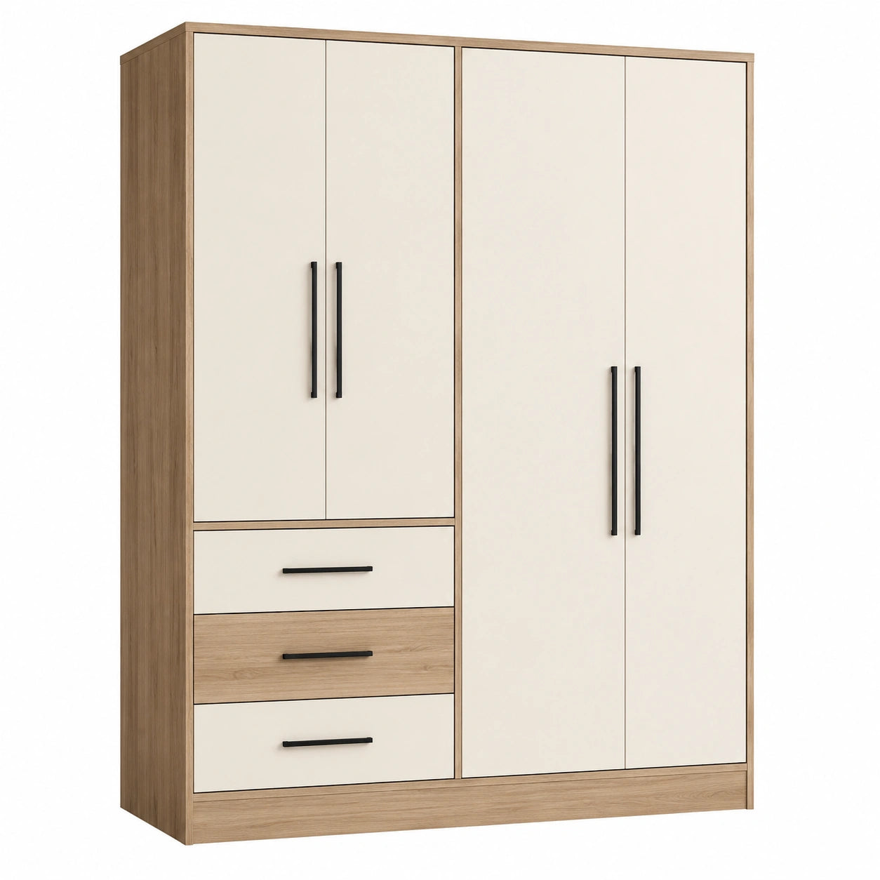 Armoire 160 x 52 x 200 cm beige et noyer en panneaux de bois avec 4 portes et 3 tiroirs