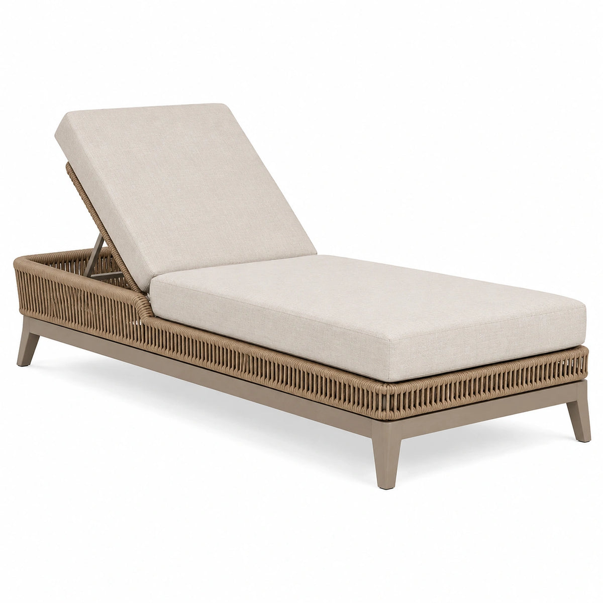 Chaise longue de jardin 200 x 75 cm en aluminium et corde tressée beige taupe avec dossier réglable