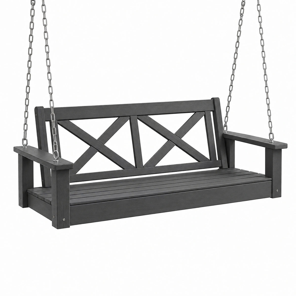 Balancelle de jardin 125 x 65 x 58 cm en bois anthracite avec chaînes métalliques style croisé