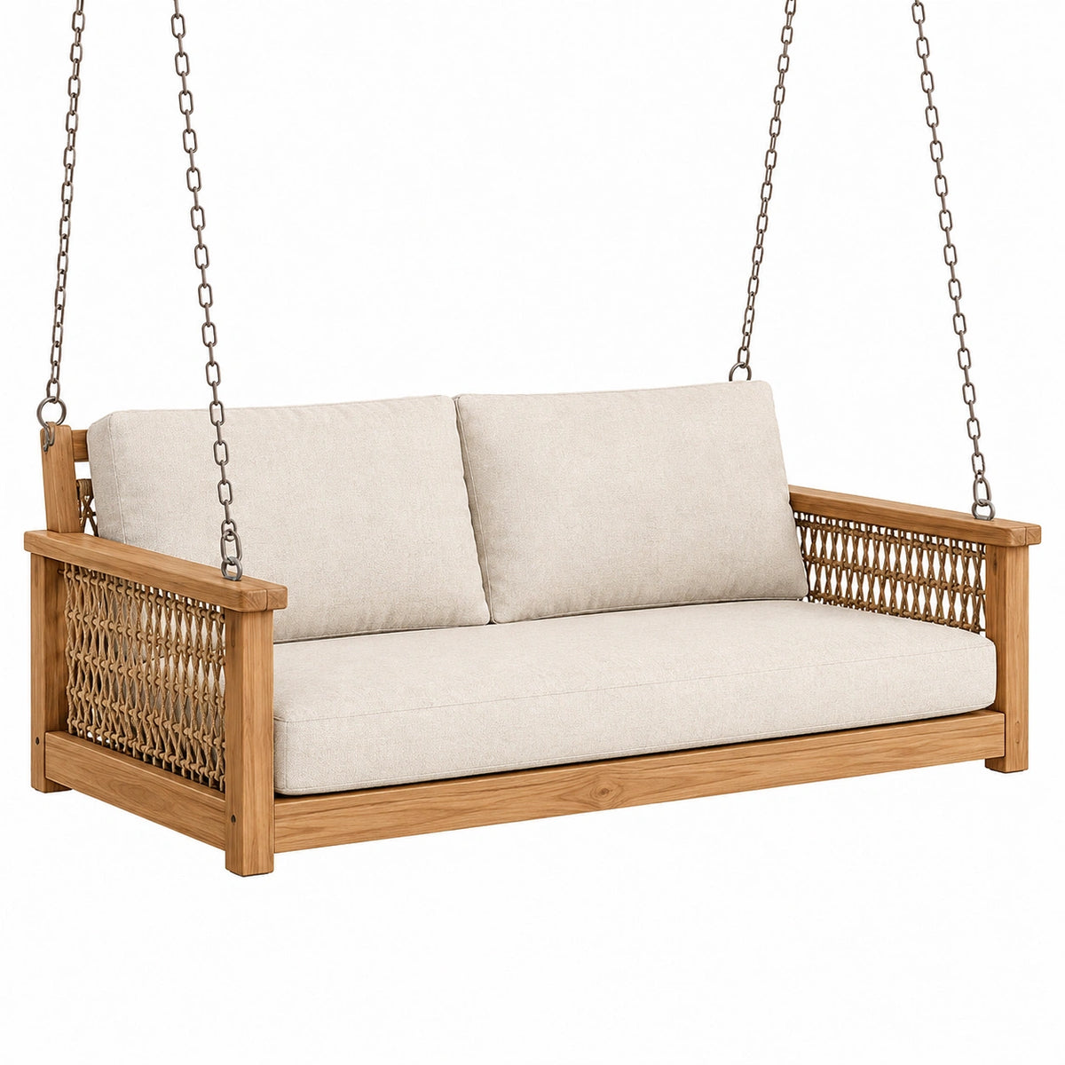 Balancelle de jardin 2 places 130 cm bois naturel corde tressée assise rembourrée suspendue