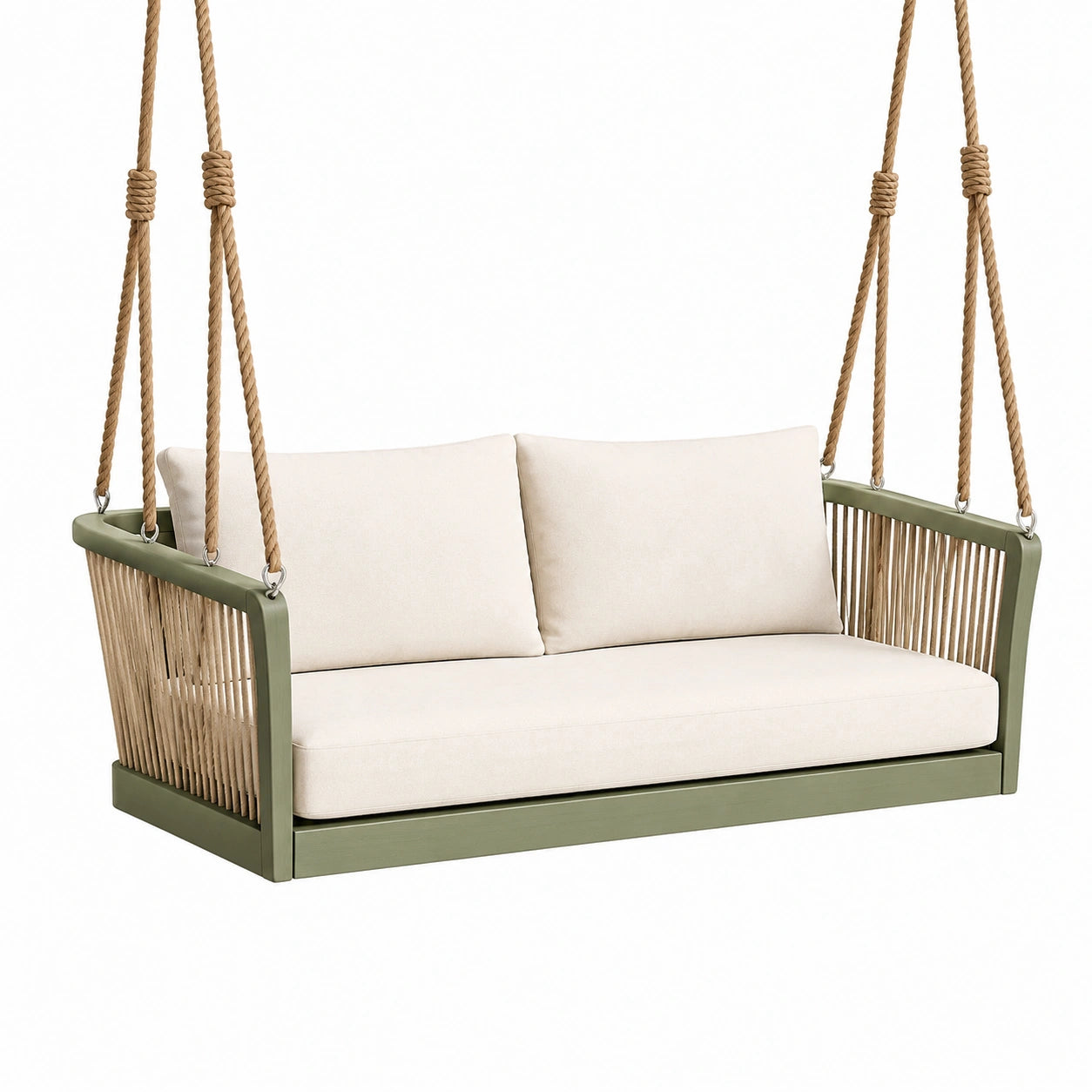 Balancelle suspendue 140 cm en bois vert et corde pour extérieur