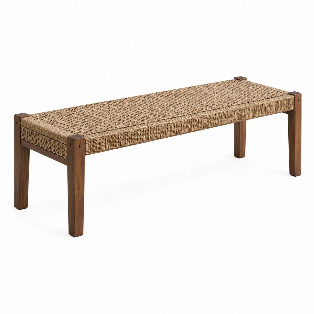 Banc 120 cm en bois brun et fibre naturelle tressée style rustique