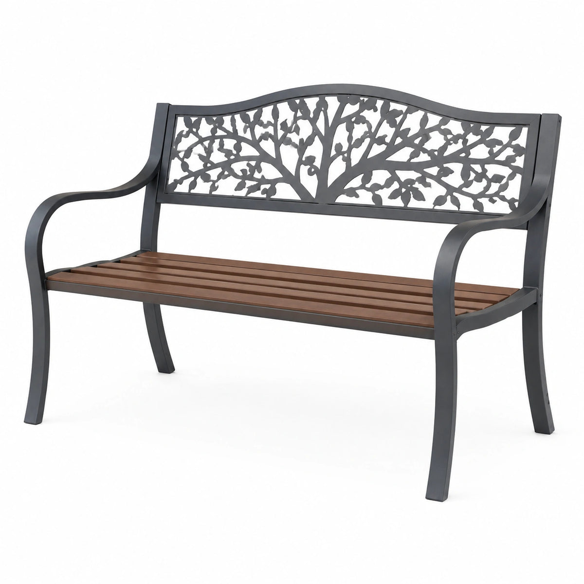Banc de jardin 122 x 61 x 88 cm en métal noir et lattes marron style classique