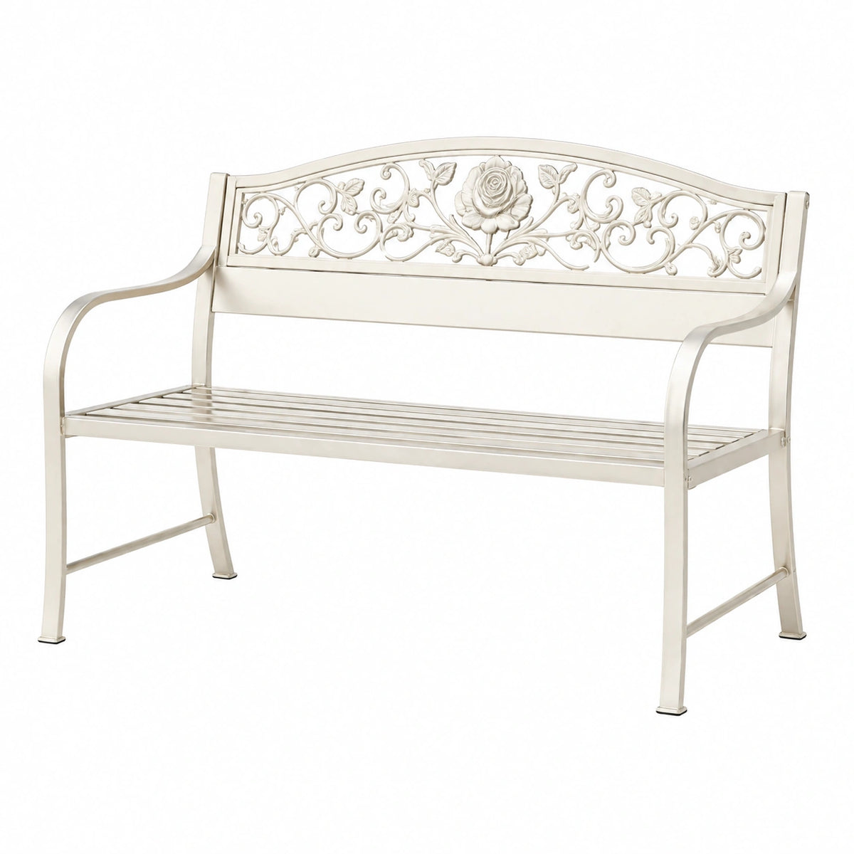 Banc de jardin 125 cm en métal blanc style romantique à dossier floral