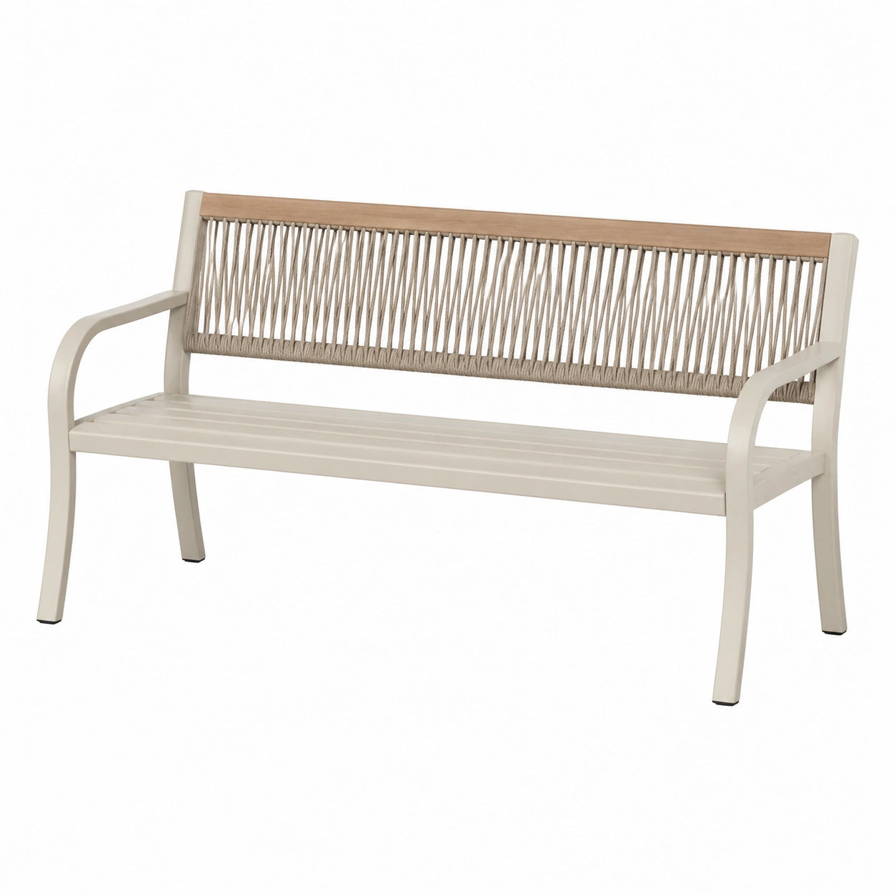 Banc de jardin 150 cm aluminium blanc bois naturel corde tressée style contemporain
