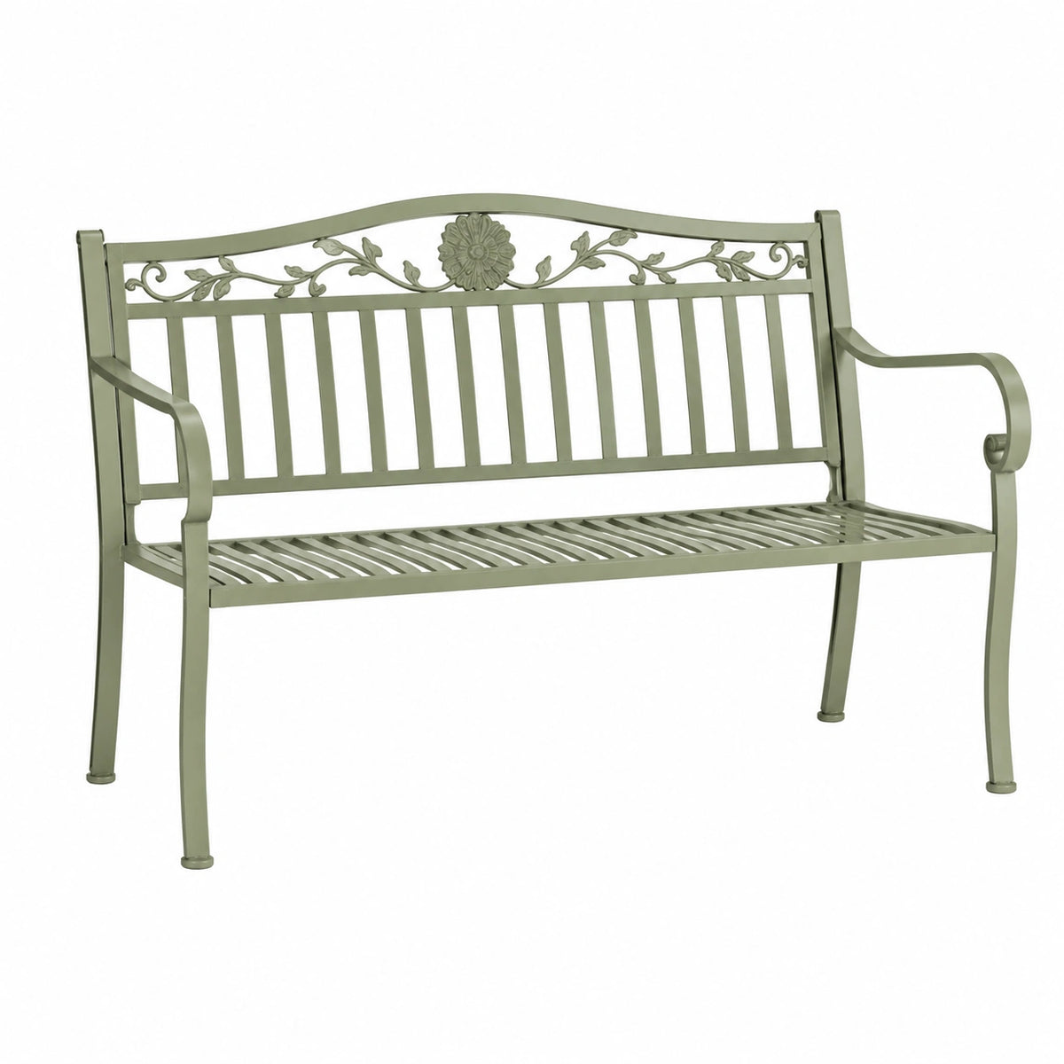 Banc de jardin 122 x 62 x 92 cm en métal vert style romantique à accoudoirs