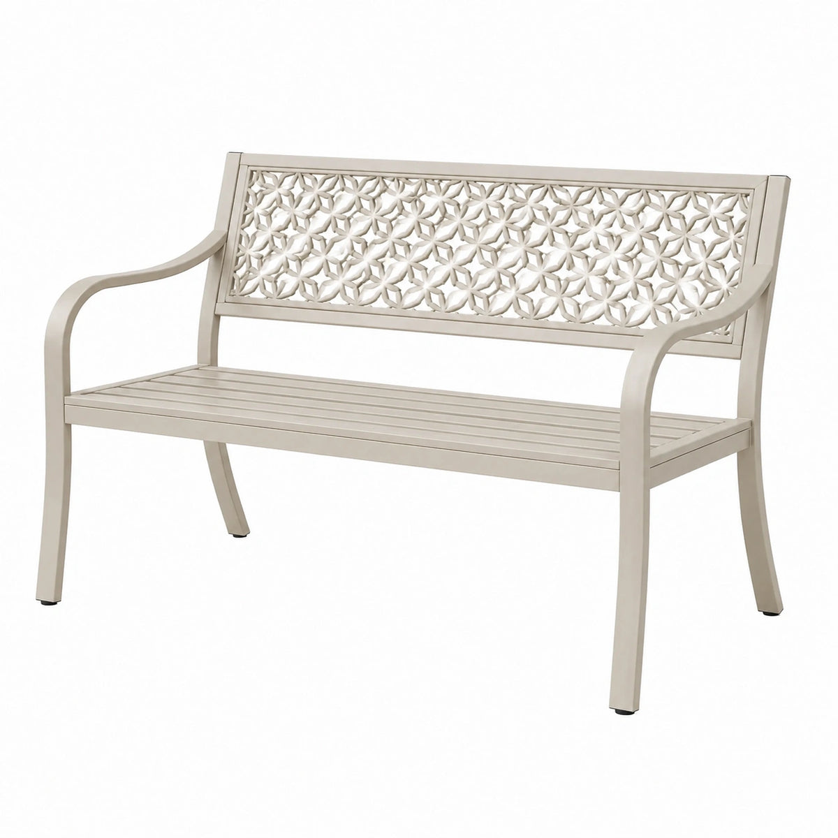 Banc de jardin 125 x 61 x 91 cm en métal beige à dossier ajouré décoratif