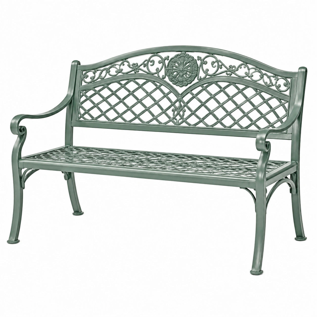 Banc de jardin 125 cm en métal vert à accoudoirs style classique