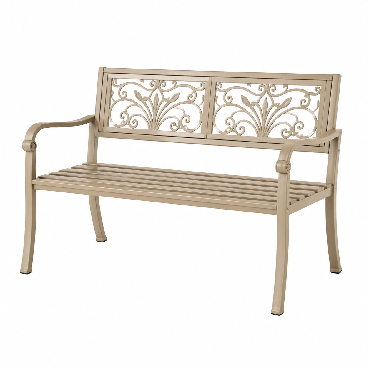 Banc de jardin 125 x 60 x 88 cm en métal beige à dossier ajouré style classique