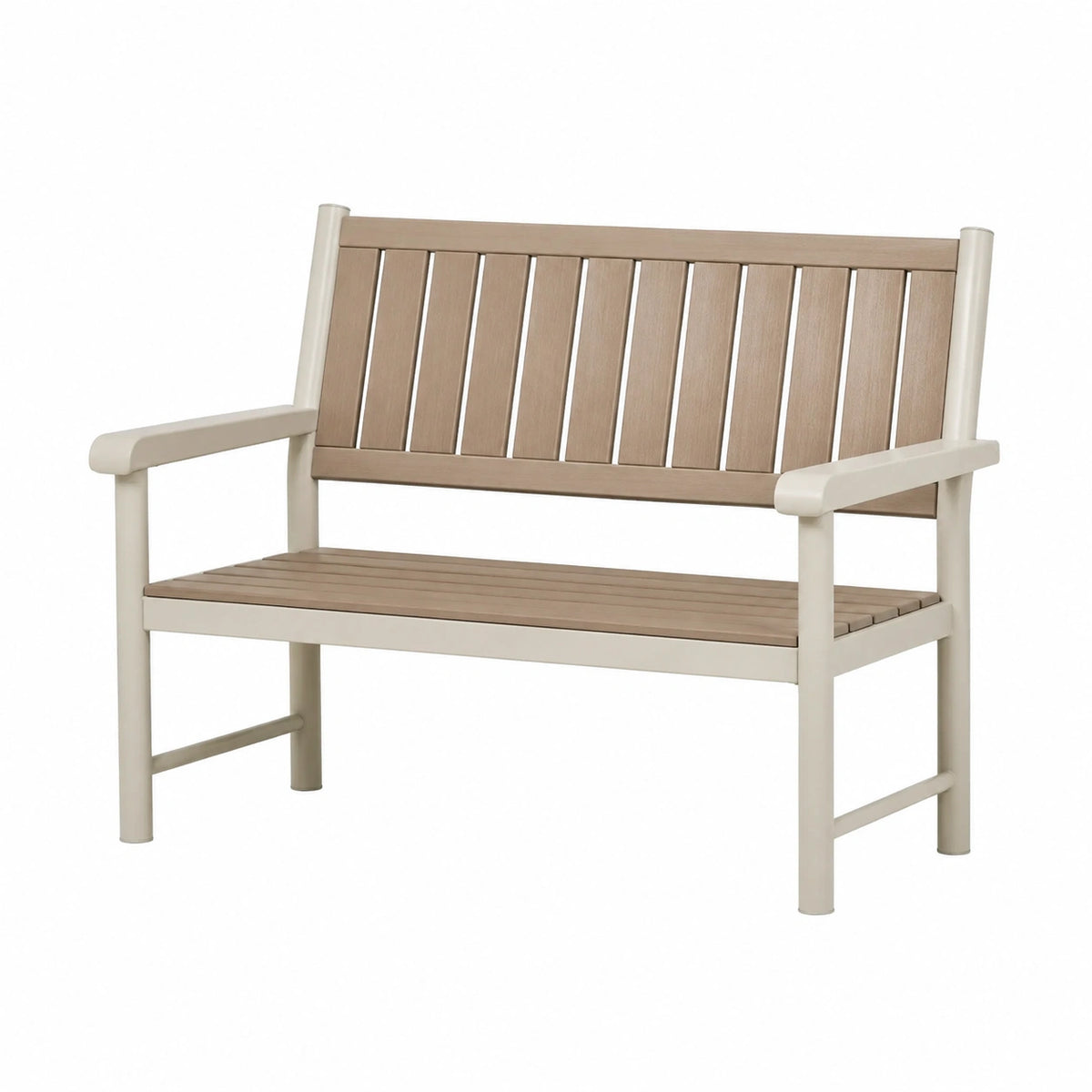Banc de jardin 120 cm en plastique beige et taupe avec accoudoirs style contemporain